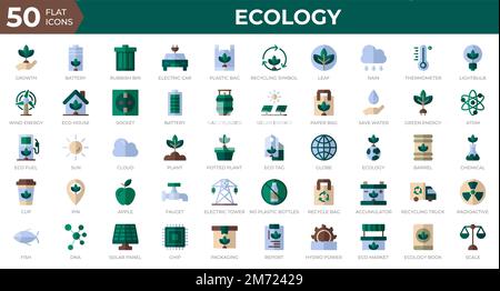 Set di 50 icone Web ecologiche in stile piatto. Riciclaggio, biologia, energie rinnovabili. Collezione di icone piatte. Illustrazione vettoriale Illustrazione Vettoriale
