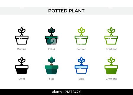 Pianta in vaso icona in stile diverso. Icone vettoriali di piante in vaso progettate in contorno, piene, colorate, riempite, sfumate, e stile piatto. Simbolo, logo il Illustrazione Vettoriale