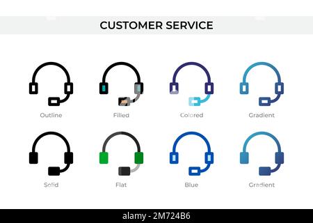 Icona Servizio clienti in stile diverso. Icone vettoriali del servizio clienti progettate in forma di contorno, tinta unita, colorata, riempita, sfumata, e stile piatto. Simbolo, Illustrazione Vettoriale