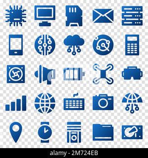 Set di 25 icone Web per dispositivi e tecnologie in stile gradiente. Industry 4,0 Concept Factory del futuro. Raccolta di icone gradiente della tecnologia. Vect Illustrazione Vettoriale