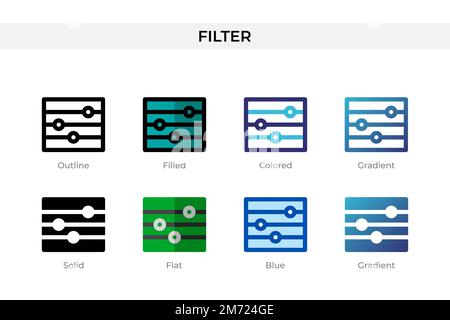 Icona del filtro con stile diverso. Filtra icone vettoriali progettate in contorni, solidi, colorati, riempiti, sfumati, e stile piatto. Simbolo, illustrazione del logo. Illustrazione Vettoriale