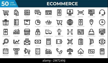 Set di 50 icone Web Ecommerce in stile linea. Carta di credito, profitto, fattura. Collezione di icone di contorno. Illustrazione vettoriale Illustrazione Vettoriale