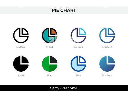 Icona del grafico a torta con stile diverso. Icone vettoriali di grafici a torta progettate in contorni, solidi, colorati, riempiti, gradienti, e stile piatto. Simbolo, logo illustrato Illustrazione Vettoriale