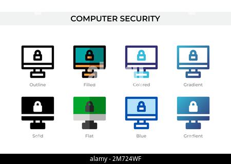 Icona protezione computer in stile diverso. Icone vettoriali di sicurezza del computer progettate in forma di contorno, solido, colorato, riempito, sfumato, e stile piatto. Symbo Illustrazione Vettoriale