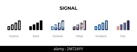 Icona del segnale in stile diverso. Icone vettoriali di segnale progettate in contorni, piene, colorate, riempite, sfumate, e stile piatto. Simbolo, illustrazione del logo. Illustrazione Vettoriale