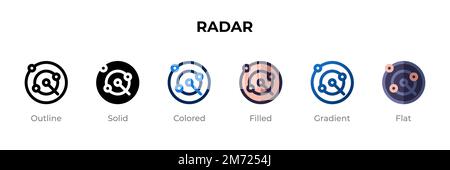 Icona del radar in stile diverso. Icone vettoriali radar disegnate in forma di contorno, tinta unita, colorata, riempita, gradiente, e stile piatto. Simbolo, illustrazione del logo. Ve Illustrazione Vettoriale