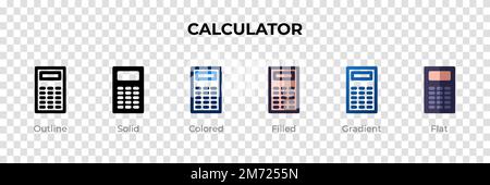 Icona della calcolatrice in stile diverso. Icone vettoriali della calcolatrice disegnate in linee, piene, colorate, riempite, sfumate, e stile piatto. Simbolo, logo illust Illustrazione Vettoriale
