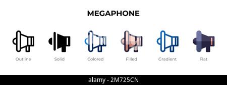 Icona del megafono in stile diverso. Icone vettoriali per megafono disegnate in linee, piene, colorate, riempite, sfumate, e stile piatto. Simbolo, logo illustrato Illustrazione Vettoriale