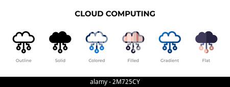 Icona del cloud computing in stile diverso. Icone vettoriali per il cloud computing progettate con contorni, solidi, colorati, riempiti, gradienti, e stile piatto. Simbolo, l Illustrazione Vettoriale