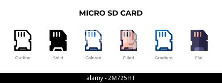Icona della scheda micro SD in stile diverso. Icone vettoriali per schede micro SD disegnate in forma di contorno, tinta unita, colorata, riempita, sfumata, e stile piatto. Simbolo, logo Illustrazione Vettoriale