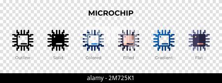 Icona Microchip in stile diverso. Icone vettoriali Microchip progettate in forma di contorno, solido, colorato, riempito, gradiente, e stile piatto. Simbolo, logo illustrato Illustrazione Vettoriale