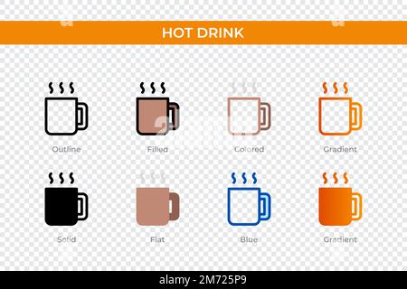 bevanda calda icona in stile diverso. icone vettoriali per bevande calde disegnate in forma di contorno, piene, colorate, riempite, sfumate, e stile piatto. Simbolo, logo illustrato Illustrazione Vettoriale