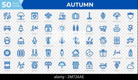 Set di 50 icone autunnali in stile linea blu. Foglie, bacche, maglione. Collezione di icone di contorno. Illustrazione vettoriale Illustrazione Vettoriale