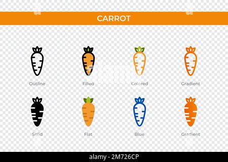 icona della carota in stile diverso. icone vettoriali di carota disegnate in contorno, piene, colorate, piene, sfumate, e stile piatto. Simbolo, illustrazione del logo. Illustrazione Vettoriale