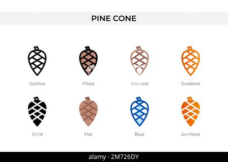 icona del pino in stile diverso. icone vettoriali con cono di pino disegnate in contorni, piene, colorate, riempite, sfumate, e stile piatto. Simbolo, logo illustrato Illustrazione Vettoriale