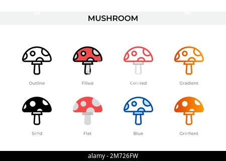 icona a forma di fungo in stile diverso. icone vettoriali a fungo disegnate in contorni, piene, colorate, riempite, sfumate, e stile piatto. Simbolo, logo illustrati Illustrazione Vettoriale