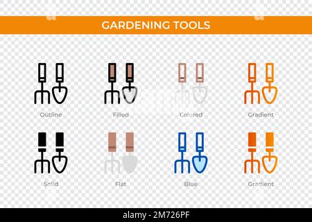 icona degli strumenti di giardinaggio in stile diverso. strumenti di giardinaggio icone vettoriali progettate in contorno, solido, colorato, riempito, gradiente, e stile piatto. Simbolo, l Illustrazione Vettoriale