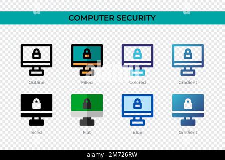 Icona protezione computer in stile diverso. Icone vettoriali di sicurezza del computer progettate in forma di contorno, solido, colorato, riempito, sfumato, e stile piatto. Symbo Illustrazione Vettoriale