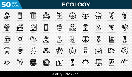 Set di 50 icone Web ecologiche in stile linea. Riciclaggio, biologia, energie rinnovabili. Collezione di icone di contorno. Illustrazione vettoriale Illustrazione Vettoriale