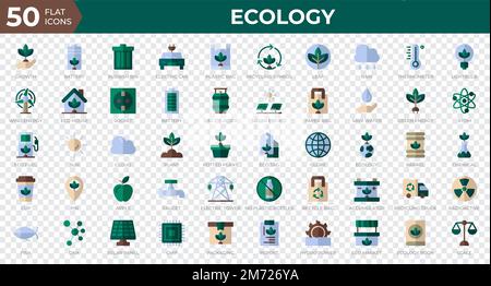 Set di 50 icone Web ecologiche in stile piatto. Riciclaggio, biologia, energie rinnovabili. Collezione di icone piatte. Illustrazione vettoriale Illustrazione Vettoriale