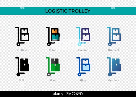 Icona del Trolley logistico in stile diverso. Icone vettoriali del carrello logistico disegnate in contorno, piene, colorate, riempite, sfumate, e stile piatto. Simbolo, Illustrazione Vettoriale