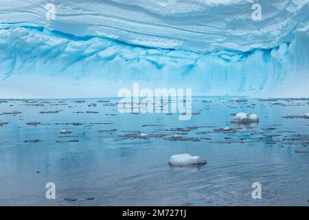 Grandi iceberg galleggiano nell'acqua ferma dell'Antartide, con ghiaccio blu e strati di neve. Foto Stock