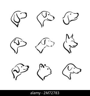 Gruppo vettoriale di testa di cane disegnata a mano su sfondo bianco. Animali domestici. Illustrazione vettoriale a strati facilmente modificabile. Illustrazione Vettoriale