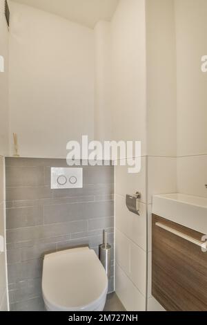 un bagno moderno con pareti bianche e piastrelle grigie alle pareti, c'è un wc nell'angolo accanto al lavandino Foto Stock