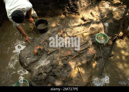 Un uomo pulisce le ossa e i teschi preistorici umani esposti durante lo scavo di un sito preistorico di sepoltura da parte del National Archaeology Research Institute in Indonesia a Tempuran, Karawang, West Java, Indonesia. Foto Stock