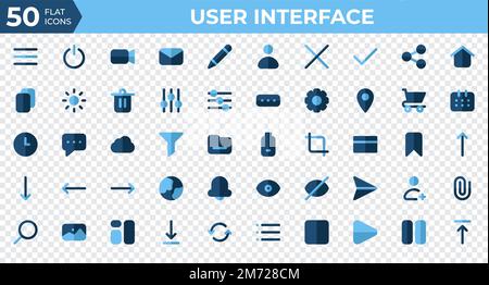 Set di 50 icone dell'interfaccia utente in stile piatto. Menu, calendario, orologio. Collezione di icone piatte. Illustrazione vettoriale Illustrazione Vettoriale