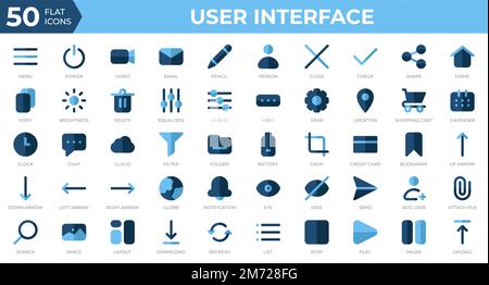 Set di 50 icone dell'interfaccia utente in stile piatto. Menu, calendario, orologio. Collezione di icone piatte. Illustrazione vettoriale Illustrazione Vettoriale