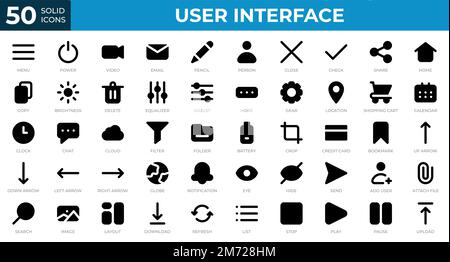 Set di 50 icone dell'interfaccia utente in stile solido. Menu, calendario, orologio. Raccolta di icone solide. Illustrazione vettoriale Illustrazione Vettoriale