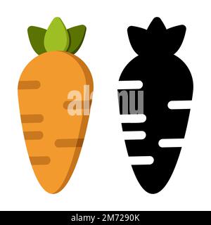 Silhouette di carote e colore nero. Verdure e cibo. Grafica vettoriale segno di dieta. Carota isolato nero e colore icone silhouette vettoriale. Carota Illustrazione Vettoriale