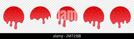Set di gocce di fragola. Gocciolando fragola fusa. Fragola fusa realistica. Gocce di fragola. Fragola in fusione. Dessert rosso liquido, dolce gocciolamento Illustrazione Vettoriale
