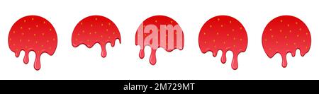Set di gocce di fragola. Gocciolando fragola fusa. Fragola fusa realistica. Gocce di fragola. Fragola in fusione. Dessert rosso liquido, dolce gocciolamento Illustrazione Vettoriale