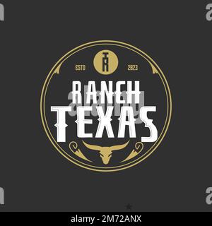 Vintage retro Texas Ranch, Western state, lettere simbolo R, T, testa di mucca toro logo Design emblema etichetta vettore Illustrazione Vettoriale