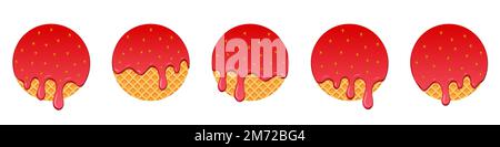 Set di gocce di fragola. Gocciolando fragola fusa. Fragola fusa realistica. Gocce di fragola. Fragola in fusione. Dessert rosso liquido, dolce gocciolamento Illustrazione Vettoriale