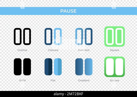 Icona di pausa con stile diverso. Metti in pausa le icone vettoriali progettate in stile contorno, solido, colorato, sfumato e piatto. Simbolo, illustrazione del logo. Vettore ill Illustrazione Vettoriale