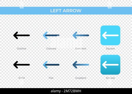 icona freccia sinistra con stile diverso. icone vettoriali con freccia a sinistra progettate in stile contorno, solido, colorato, sfumato e piatto. Simbolo, illustrazione del logo. Illustrazione Vettoriale