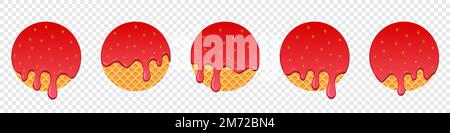 Set di gocce di fragola. Gocciolando fragola fusa. Fragola fusa realistica. Gocce di fragola. Fragola in fusione. Dessert rosso liquido, dolce gocciolamento Illustrazione Vettoriale
