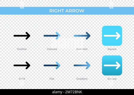 icona freccia destra con stile diverso. icone vettoriali con freccia a destra progettate in stile contorno, solido, colorato, sfumato e piatto. Simbolo, illustrazione del logo Illustrazione Vettoriale