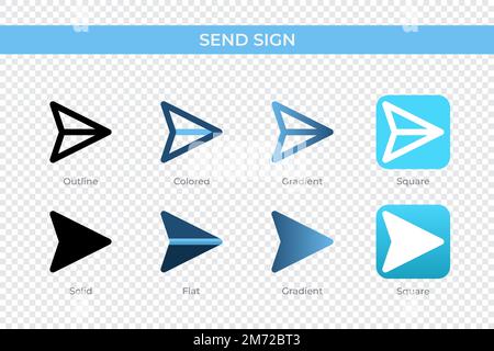 Icona Invia segno con stile diverso. Invia icone vettoriali di segno progettate in stile contorno, solido, colorato, sfumato e piatto. Simbolo, illustrazione del logo. Ve Illustrazione Vettoriale
