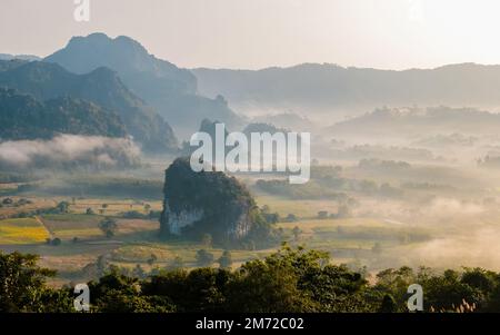 Alba con nebbia e nebbia sulle montagne di Phu Langka nel nord della Thailandia, vista sulle montagne del Parco Nazionale di Phu Langka nella provincia di Phayao Foto Stock