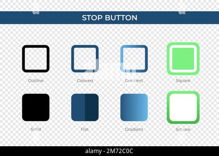 Icona del pulsante di arresto in stile diverso. Icone vettoriali del pulsante di arresto progettate in stile contorno, solido, colorato, sfumato e piatto. Simbolo, illustrazione del logo Illustrazione Vettoriale