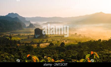 Alba con nebbia e nebbia sulle montagne di Phu Langka nel nord della Thailandia, vista sulle montagne del Parco Nazionale di Phu Langka nella provincia di Phayao Foto Stock