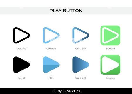 Icona del pulsante Riproduci in stile diverso. Icone vettoriali dei pulsanti di riproduzione progettate in stile contorno, solido, colorato, sfumato e piatto. Simbolo, illustrazione del logo Illustrazione Vettoriale