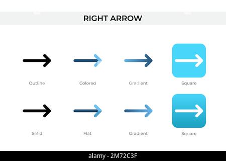 icona freccia destra con stile diverso. icone vettoriali con freccia a destra progettate in stile contorno, solido, colorato, sfumato e piatto. Simbolo, illustrazione del logo Illustrazione Vettoriale