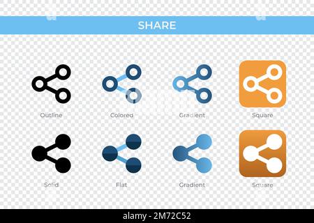 icona condividi con stile diverso. condividi icone vettoriali progettate in stile contorno, solido, colorato, sfumato e piatto. Simbolo, illustrazione del logo. Vettore ill Illustrazione Vettoriale