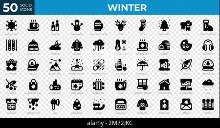 Icone invernali in stile solido. Fiocco di neve, tè, maglione. Raccolta di icone solide. Simbolo di vacanza. Illustrazione vettoriale Illustrazione Vettoriale