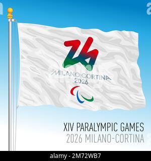Italia, anno 2026, bandiera dei XIV Giochi Paralimpici 2026, Milano e Cortina, illustrazione vettoriale Foto Stock